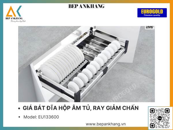 Kệ bát đĩa hộp âm tủ, Ray giảm chấn Eurogold EU133600 - 600mm - Inox hộp 